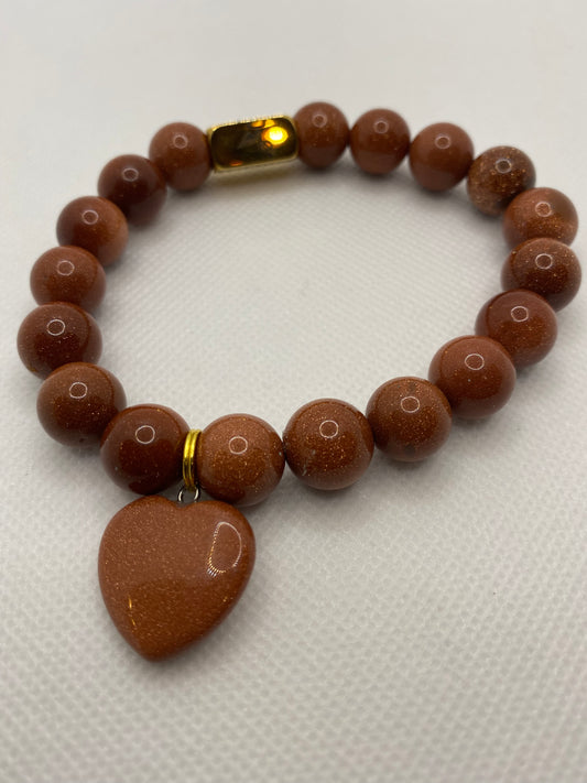 10MM Brown Sandstone Bracelet with Heart Charm