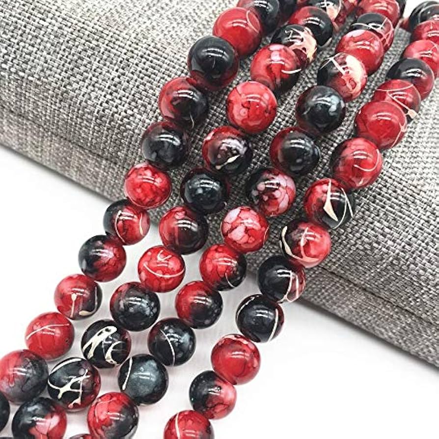 10MM Red, Black and White Marbled Bead Bracelet