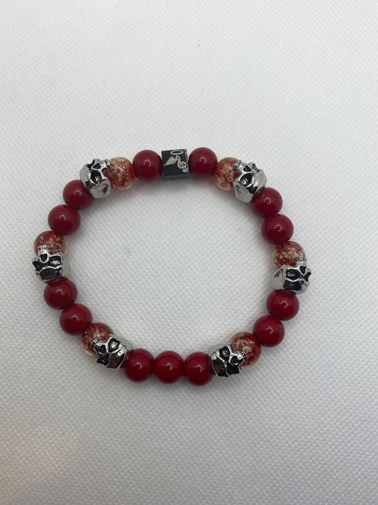 8MM Red beads with Silver skulls and red luminous glass beads