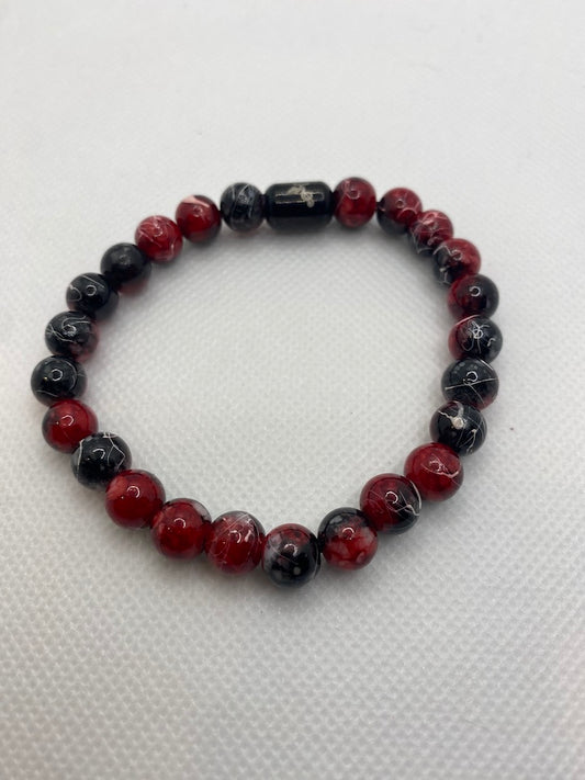 8MM Red, Black and White Marbled Bead Bracelet