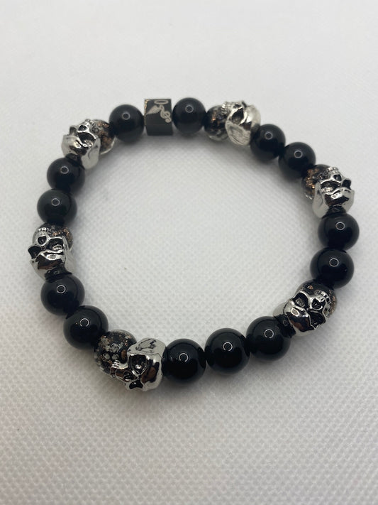 Silver Skulls with 10MM Black Cat Eye Beads and Luminous Black beads